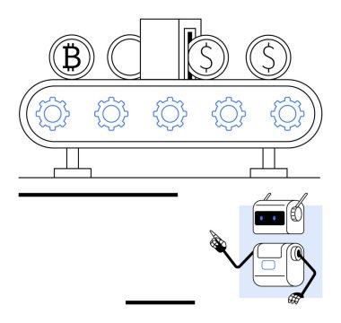 Bitcoin dolar dişlileriyle taşıma bandı. Robot çizimi altta, taşıyıcıyı işaret ediyor. Finans, teknoloji, otomasyon, robotik, kripto para, imalat için ideal. Satır metaforu