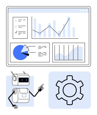 Robot gösterge paneline çizgi, bar ve turta grafikleriyle bakıyor. Otomasyonu ve sistemi temsil eden bir ikon. Veri analizi, yapay zeka, iş zekası, teknoloji ve verimlilik için ideal
