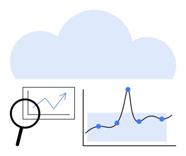 Bulut büyüteci grafikleri veri noktalarını gösteriyor. Veri analizi, teknoloji, araştırma, bulut hesaplama, istatistik, iş büyümesi, trendler için ideal. Satır metaforu