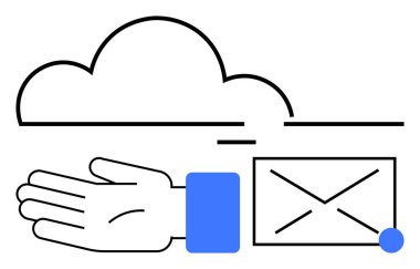 El, bulut, üzerinde nokta olan zarf yeni bildirimi temsil ediyor. Dijital iletişim, bulut depolama, e-posta, bildirim, teknolojik bağlantı modern iletişim için idealdir. Satır metaforu