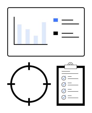 Bar çizelgesi, mavi işaretli kontrol listesi ve hedef sembol. İş analizi, proje planlaması, hedef belirleme, verimlilik takibi, stratejik planlama için ideal. Çizgi