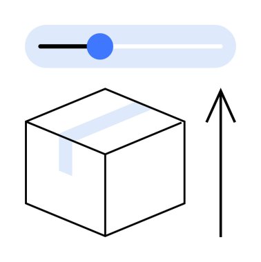 Bantlı kutu, mavi düğmeli kaydırma, yukarı bakan siyah ok. Teslimat, nakliye verimliliği, lojistik, e-ticaret, paket izleme, ayarlanabilir ayarlar büyümesi ve ilerleme kavramları için ideal
