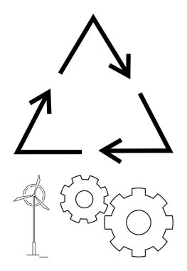 Geri dönüşüm üçgeni okları, rüzgar türbini ve iki vites yenilenebilir enerjiyi, çevreci dostluğu, sürdürülebilirliği, mühendisliği ve çevresel sorumluluğu sembolize eder. Temiz enerji ve geri dönüşüm için ideal