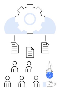Bulutun içindeki dişli, belgeleri kullanıcılara ve bozuk paraları bir ele bağlıyor. Teknoloji, finans, verimlilik, kullanıcı yönetimi, bulut hizmetleri, yenilik, veri depolama için ideal. Satır metaforu