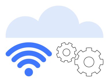 Kablosuz sinyalli bulut ve bağlantı ve sistem yapılandırmasını temsil eden dişli simgeleri. Teknoloji, bulut hizmetleri, ağ oluşturma, bilişim altyapısı, yazılım geliştirme, otomasyon için ideal