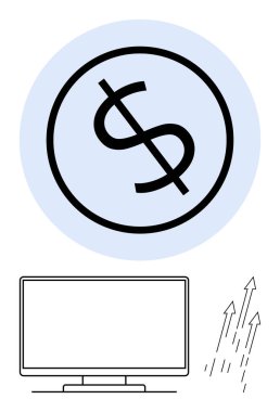 Dolar sembolü bilgisayar monitörünün ve yukarı doğru okların üzerinde daire şeklinde. Finans, iş büyümesi, ekonomik analiz, borsa, çevrimiçi işlemler, yatırım fırsatları, dijital ticaret için ideal