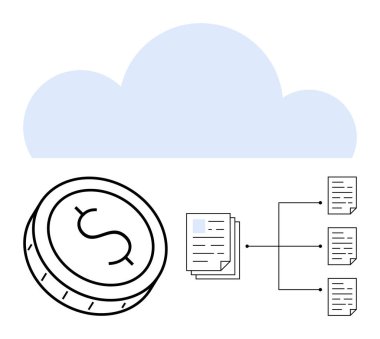 Bir dolar üzerinde bulut simgesi ve birbiriyle bağlantılı dokümanlar. Finans, bulut depolama, veri yönetimi, dijital bankacılık, dosya paylaşımı, fintech, belge organizasyonu için ideal. Çizgi