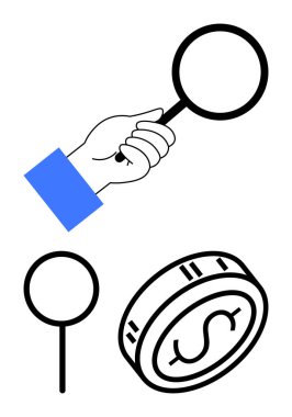 El ele büyüteç, ayrı büyüteç ve dolar işaretli bozuk para. Mali analiz, yatırım, bütçe planlaması, ekonomik araştırma, denetleme, pazar eğilimleri tasarrufları için ideal