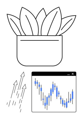 Potted plant symbolizing growth, alongside rising arrows and a stock market chart showing upward trends. Ideal for finance, investment, growth, business success, stock market, personal development clipart