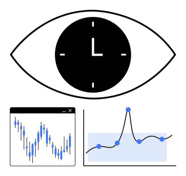 Merkezde saati olan bir göz, tarayıcı penceresinde bar çizelgesi ve veri noktaları olan çizgi çizelgesi. Üretkenlik, zaman izleme, veri görselleştirme, iş stratejisi, istatistiksel analiz için ideal