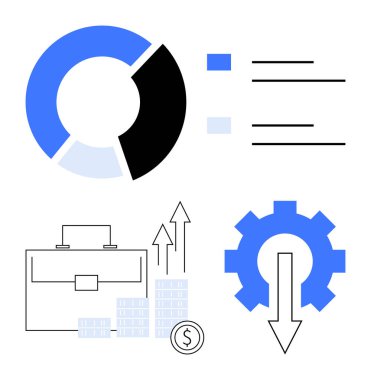 Etiketli pasta grafiği, evrak çantası, istiflenmiş paralar, büyüme okları ve aşağı doğru oklu teçhizat. İş raporları için ideal, finansal analiz, kurumsal strateji, operasyonel verimlilik ekonomisi