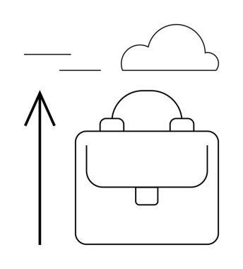 Evrak çantası, yukarı doğru ok ve bulut. Kariyerler, başarı, hırs büyümesi iş geliştirme fırsatları profesyonel kalkınma için idealdir. Çizgi benzetmesi. Çizgi benzetmesi. Basit satır simgeleri
