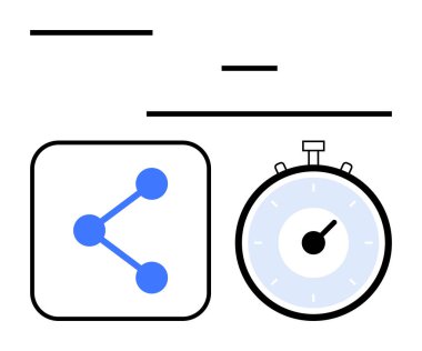 Square icon with sharing symbol and stopwatch set against a clean layout. Ideal for productivity, connectivity, social media, time management, efficiency, digital tools, and workflow. Line metaphor clipart