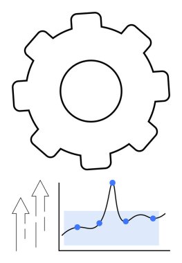 Çizgi grafiği ve yukarı doğru okları olan dişli simgesi gelişmeyi ve yeniliği simgeliyor. Teknoloji, veri analizi, iş stratejisi, üretkenlik, gelişme ve verimlilik temaları için ideal. Çizgi