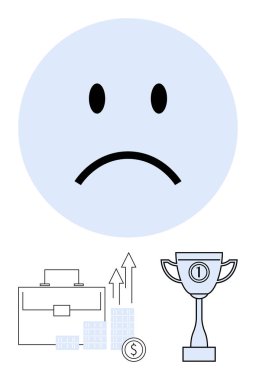 İş ikonlarının üzerindeki hüzünlü yüz ifadeleri arasında evrak çantası, para, büyüme okları ve başarıyı simgeleyen ödüller yer alıyor. İş sorunları, performans değerlendirmesi, maddi kayıplar, motivasyon için ideal