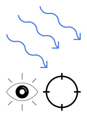 Mavi dalgalı oklar, ışınlı mor gözler, ve hedef nişan al. Odaklanma, algılama, hedef, hassasiyet, izleme hizalaması ve görüş kavramları için idealdir. Satır metaforu
