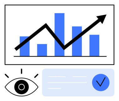 Yukarı doğru trend çizgisi, göz simgesi ve kontrol listesi olan çubuk grafiği. Performans analizi, büyüme izleme, veri gözden geçirme, iş raporları, pazar analizi, proje yönetimi ve finans için ideal