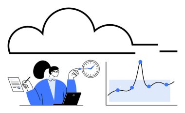 Bulut, laptop saat çizelgesi dokümanındaki veri analizcisi ile bütünleşti. Teknoloji, iş stratejisi, zaman yönetimi, veri analizi, bulut hesaplaması, yenilik ve verimlilik için ideal. Çizgi