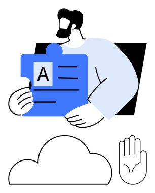 Üzerinde A etiketi olan büyük bir yapboz parçası tutan bir adam. Yanında bulut ve kaldırılmış bir el var. Takım çalışması, işbirliği, eğitim, veri entegrasyonu, sorun çözme, dijital çözümler, iletişim için ideal