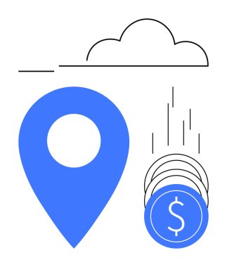 Bulutun altına düşen paraların yanında mavi konum işareti. Finans, emlak, seyahat, yatırım, tasarruf, ekonomik trendler, dijital işletmeler için ideal. Satır metaforu