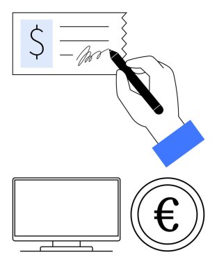 El imzası çeki, boş bilgisayar monitörü ve euro sikkesi mali işlemleri ve dijital para birimini ön plana çıkarıyor. Finans, bankacılık, çevrimiçi ödemeler, fintech, ecommerce, dijital ekonomi için ideal