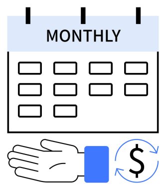Aylık olarak etiketlenmiş takvim, el simgesi ve dairesel oklarla işaretlenmiş para birimi sembolü. Finans, programlama, ödeme planları, bütçe, aylık planlama ve organizasyon için ideal. Satır metaforu