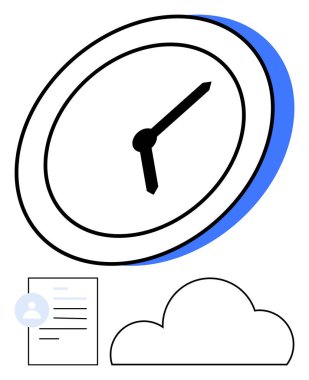 Saati, bulut sembolünü, kullanıcı profili simgesini ve belge simgesini gösteren saat dijital bağlantı ve verimliliği gösteriyor. Zaman yönetimi için ideal, bulut depolama, dijital belgeler, çevrimiçi