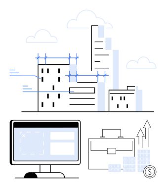 Gelişmekte olan gökdelenleri olan şehir inşaatı, bilgisayar ekranı, evrak çantası, finansal büyüme sembolleri. Gayrimenkul, teknoloji, finans, iş, inşaat kentsel planlama için ideal