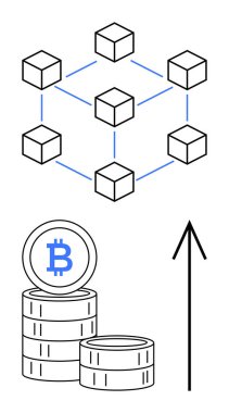 Küpler ve mavi çizgilerle bağlanmış engelleme zinciri ağı. Bitcoin paraları yukarı doğru bir okun yanına istiflenmiş. Kripto para birimi, engelleme zinciri teknolojisi, finansal büyüme, dijital para birimi, yatırım için ideal