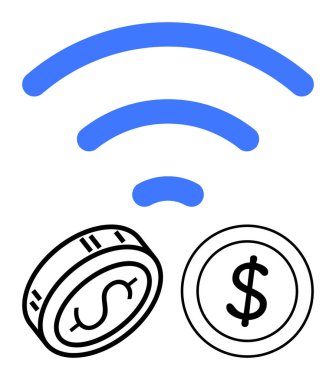 İki doların üzerinde kablosuz sinyal. Dijital ödemeler, e-ticaret, çevrimiçi bankacılık, fintech, kablosuz işlemler, temassız ödemeler, finansal teknoloji için ideal. Satır metaforu