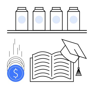 Open book with graduation cap, shelf with jars, and falling coins. Ideal for finance, education, savings, investments, budgeting academic planning scholarships. Line metaphor clipart