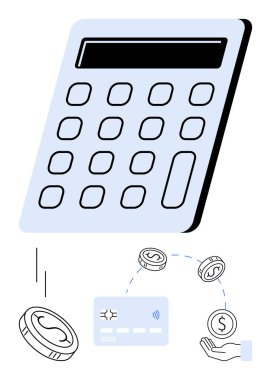 Bozuklukların, kredi kartının ve elin üstündeki büyük hesap makinesi. Finans yönetimi, muhasebe, bütçe, mali planlama, bankacılık hesapları ve dijital işlem temaları için idealdir. Satır metaforu