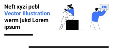 Modern mavi ve beyaz elbiseli iki karakter. Biri dijital bir cihazı okurken, diğeri elinde bir dizüstü bilgisayarla oynatma tuşu tutuyor. Teknoloji, multimedya, eğitim ve iletişim için ideal