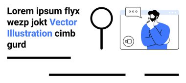 Tarayıcı penceresi içinde video araması, büyük büyüteç ve yer tutucu metin üzerinde düşünen bir adam. İş siteleri, teknoloji blogları, sanal olaylar, pazarlama materyalleri ve eğitim içeriği için ideal