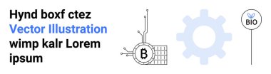 Bitcoin integrated circuit, blue gear symbol, bio sign with leaf, random text block. Ideal for tech presentations, cryptocurrency projects, eco-friendly tech, engineering materials, educational clipart