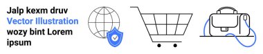 Yuvarlak küre, alışveriş arabası, işaretli mavi kalkan ve el çantası. Çevrimiçi alışveriş, e-ticaret, küresel pazar, güvenlik, koruma, lojistik, perakende, teknoloji temaları için ideal. İniş sayfası