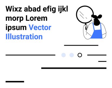 Büyüteç, önlüklü karakter, lorem ipsum metin, yatay çizgiler, mavi noktalar, siyah, beyaz. Analiz, araştırma, minimalizm, yer tutucu, iş tasarımı iniş sayfası için ideal