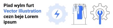 Asılı gömlekli elbise askısı, yıldırımlı mavi dişli, ingiliz anahtarı ikonu. Moda, mühendislik, araçlar, elektrik, endüstriyel tasarım, bakım hizmetleri giyim mağazaları için ideal