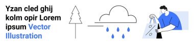 Alışveriş torbaları tutan adam, yağmur damlalı bulut, çam ağacı ikonu ve yer tutucu metin. E-ticaret, hava tahmini, çevre bilinci, çevrimiçi alışveriş, pazarlama grafik tasarımı için ideal