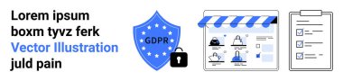 GDPR metin ve kilit kalkanı, kullanıcı profilli e-ticaret web sitesi, kontrol listeli pano. Veri koruması, gizlilik politikaları, e-ticaret güvenliği, uyum kontrol listeleri, çevrimiçi için ideal