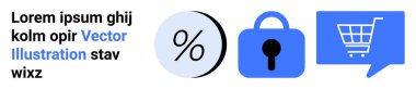 Metin bölümü, yüzde simgesi, asma kilit simgesi ve konuşma balonunda alışveriş arabası. E-ticaret, güvenlik, indirimler, çevrimiçi alışveriş, web sitesi afişleri, promosyonlar, dijital