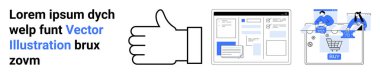Başparmaklar yukarı işareti, internet sitesi tasarımı ve alışveriş arabası ve satın alma düğmesi içeren online alışveriş sahnesi. E-ticaret, web tasarımı, kullanıcı arayüzü, kullanılabilirlik testi için ideal