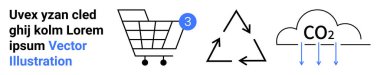 Tebligatlı alışveriş arabası, oklu geri dönüşüm sembolü, karbondioksit etiketli bulut. E-ticaret, geri dönüşüm farkındalığı, çevresel etki, sürdürülebilirlik girişimleri, çevrimiçi alışveriş için ideal