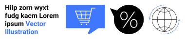 Sohbet balonunun içindeki alışveriş arabası, siyah çemberin içindeki yüzde işareti, oklu dünya. E-ticaret, indirim, küresel erişim, çevrimiçi pazarlama, dijital satış, müşteri desteği, uluslararası