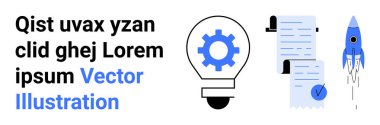 Teçhizatlı ampul, işaretli belgeler ve roket. Ticari yenilik, proje planlaması, girişimler, üretkenlik, teknoloji, başarı, strateji iniş sayfası için ideal