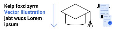 Mezuniyet şapkası ve işaretli iki diploma. Eğitim siteleri, mezuniyet duyuruları, üniversite terfileri, akademik başarılar, sertifikalar, çevrimiçi öğrenim platformları için ideal