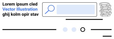 Magnifying glass search icon within a search bar, stack of coins, placeholder text, horizontal lines, and dots. Ideal for finance, search, minimalism, web design, UIUX, technology, user interface clipart