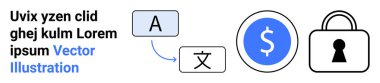 Dil çevirisi yazı ve alfabe simgeleri ile temsil edilir, para birimi sembolü ve kilit simgesine bağlıdır. Çeviri hizmetleri, finans, güvenlik, dijital işlemler ve eğitim için ideal