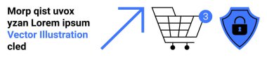 Alışveriş arabası, üç yeni eşya bildirimi, büyük yukarı doğru ok ve mavi güvenlik kalkanı. E-ticaret için ideal, çevrimiçi mağazalar, siber güvenlik, güvenli işlemler, alışveriş uygulamaları, dijital