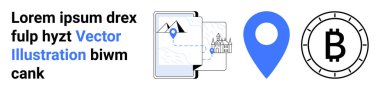 Metin sahibi Lorem Ipsum, dağ ve haritalı mobil cihaz, mavi lokasyon şifresi, Bitcoin sembolü. Teknoloji, finans, navigasyon, kripto para birimi, mobil uygulamalar, veri görselleştirmesi için ideal